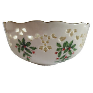 Lenox Holiday Pierced 6" Round Candy Bowl Christmas Holly & Berries Gold Trim